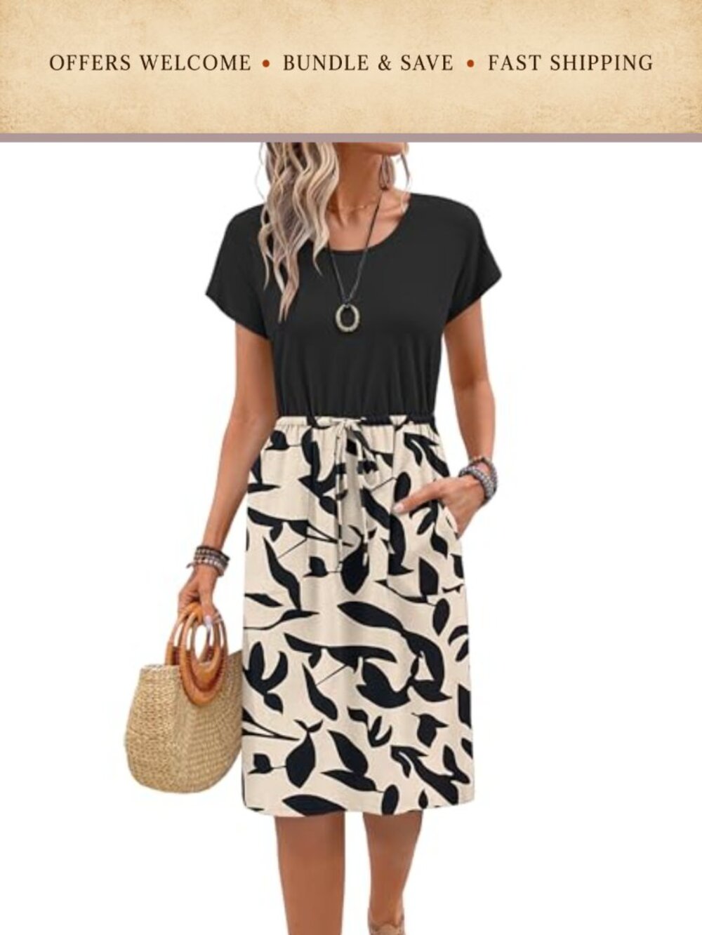 Women's Floral Sundress Short Sleeve Crew Neck Midi Casual Dress with Pockets